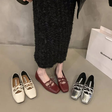 Xajzpa Sweet Double Bowknot Women Mary Jane Shoes New 2024 Square Toe Dress Flat Shoe Ladies Red Soft Sole Shoes Zapatos
